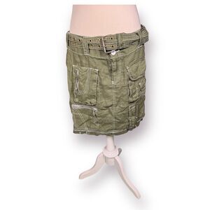 Pete & Greta 100% Green Linen Belted Cargo‎ Mini Skirt Size 4 Retro Midi Skirt